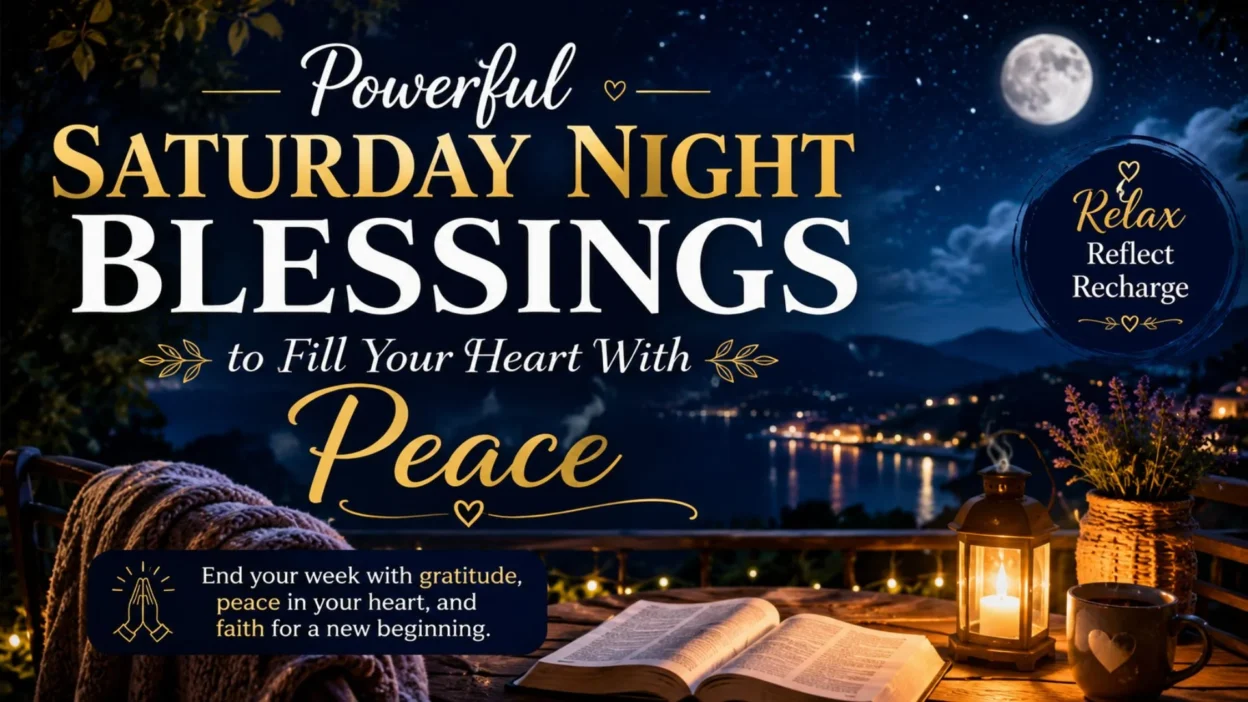 Peaceful Saturday night blessings image with moonlit lake, candle, open book, and inspiring message about peace and gratitude.