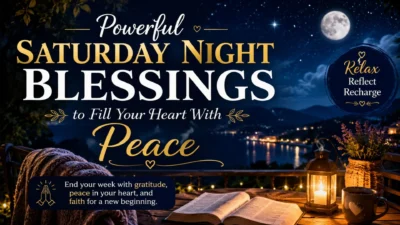 Peaceful Saturday night blessings image with moonlit lake, candle, open book, and inspiring message about peace and gratitude.