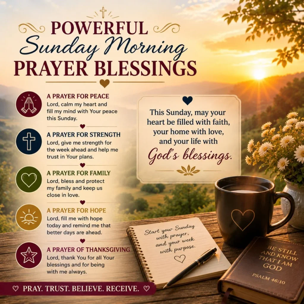 Powerful Sunday morning prayer blessings image with sunrise, Bible, coffee, and uplifting prayers for peace and hope