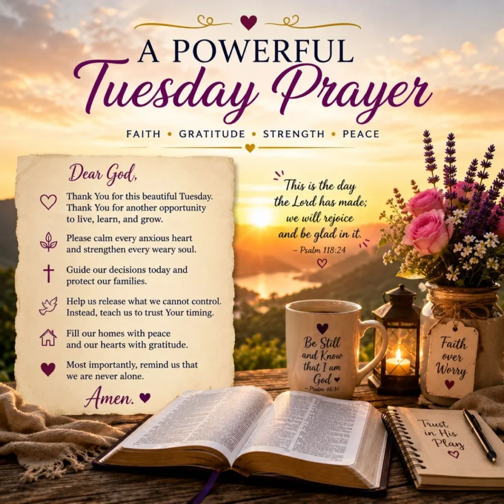 Powerful Tuesday prayer image with sunrise, Bible, flowers, and faith-filled blessings for peace, strength, and gratitude