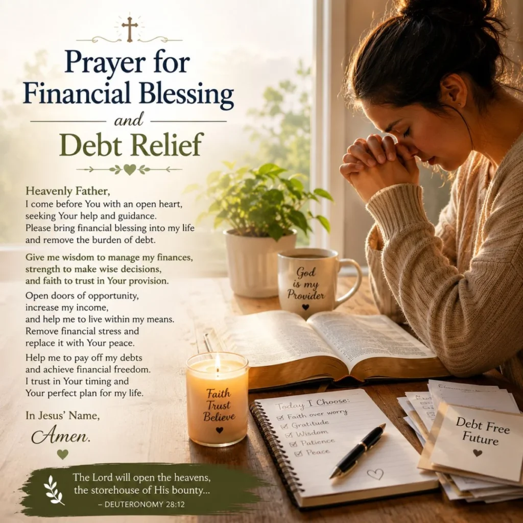 Person praying for financial blessing and debt relief with Bible, notebook, and symbols of financial peace