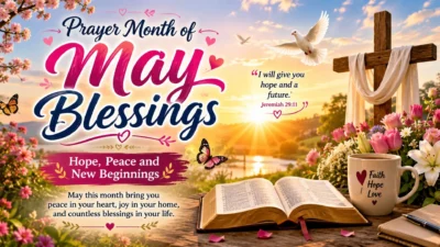 Prayer Month of May Blessings image with cross, Bible, flowers, sunrise, dove, and inspirational faith message