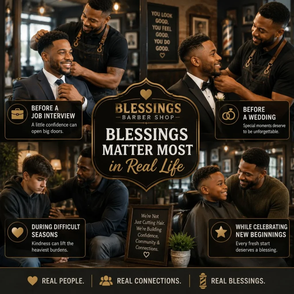 Real-life moments at Blessings Barber Shop showing confidence, support, and meaningful new beginnings.