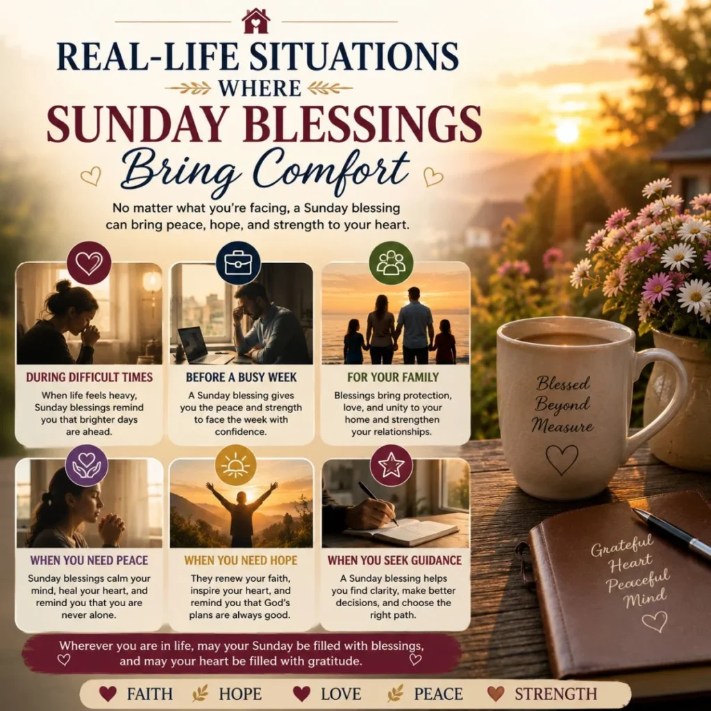 Real-life situations where Sunday blessings bring comfort with peaceful sunrise, family, prayer, and hope themes