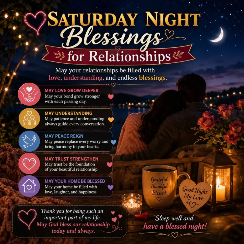 Saturday night blessings for relationships with a peaceful evening scene symbolizing love, trust, and togetherness.