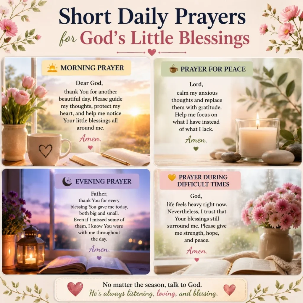 Short daily prayers for God's little blessings with morning, peace, evening, and difficult times reflections