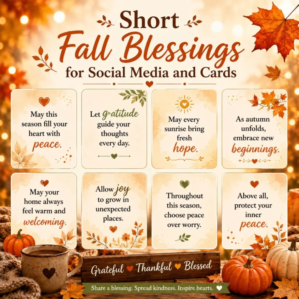 Short fall blessings for social media and cards featuring cozy autumn quotes, pumpkins, and warm seasonal decor