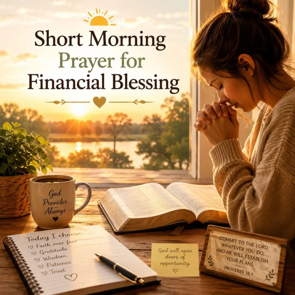 Person saying a short morning prayer for financial blessing beside a Bible at sunrise