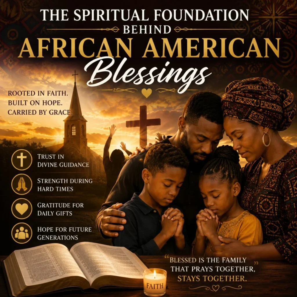 African American family praying with Bible, church, and faith symbols in a spiritual blessings image