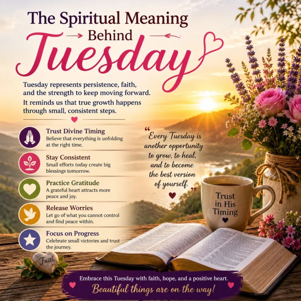 Spiritual meaning behind Tuesday image with sunrise, Bible, flowers, and inspirational faith and gratitude message