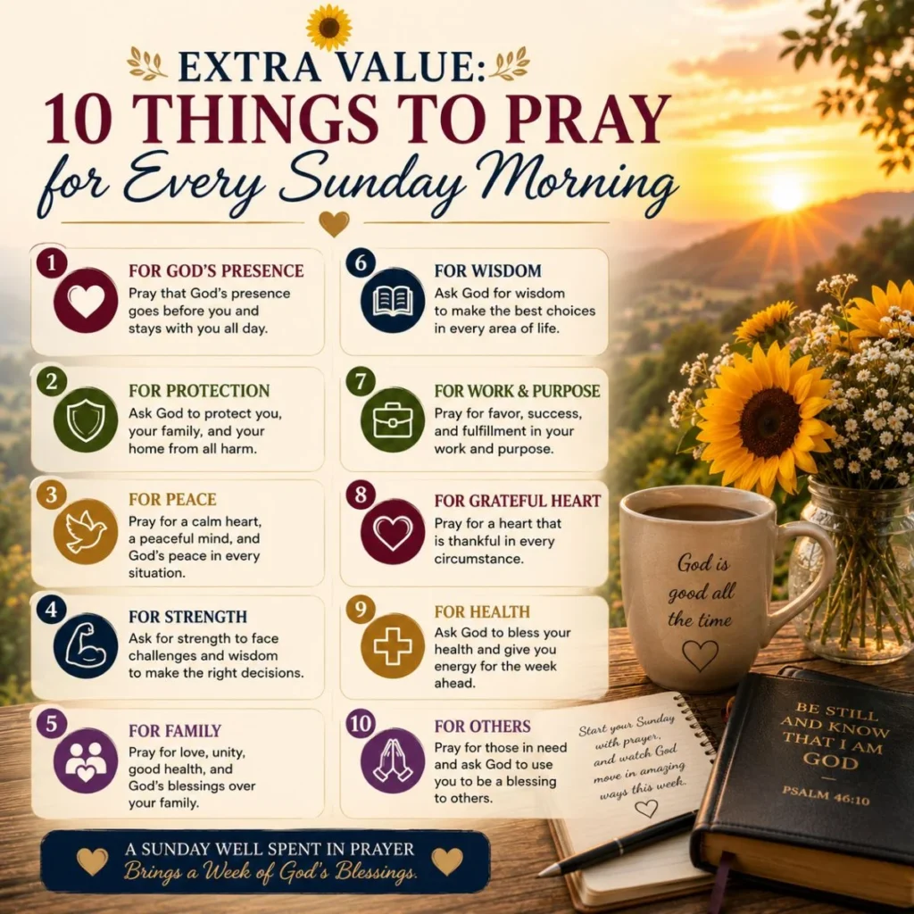 10 things to pray for every Sunday morning with sunrise, Bible, coffee, and uplifting prayer reminders