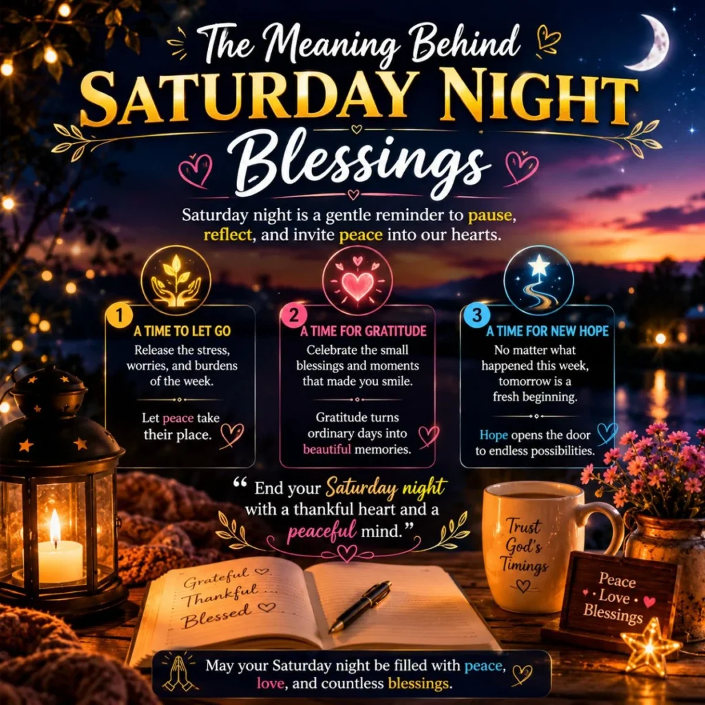 Meaning of Saturday night blessings illustration with moonlight, peaceful scenery, and symbols of hope and gratitude.