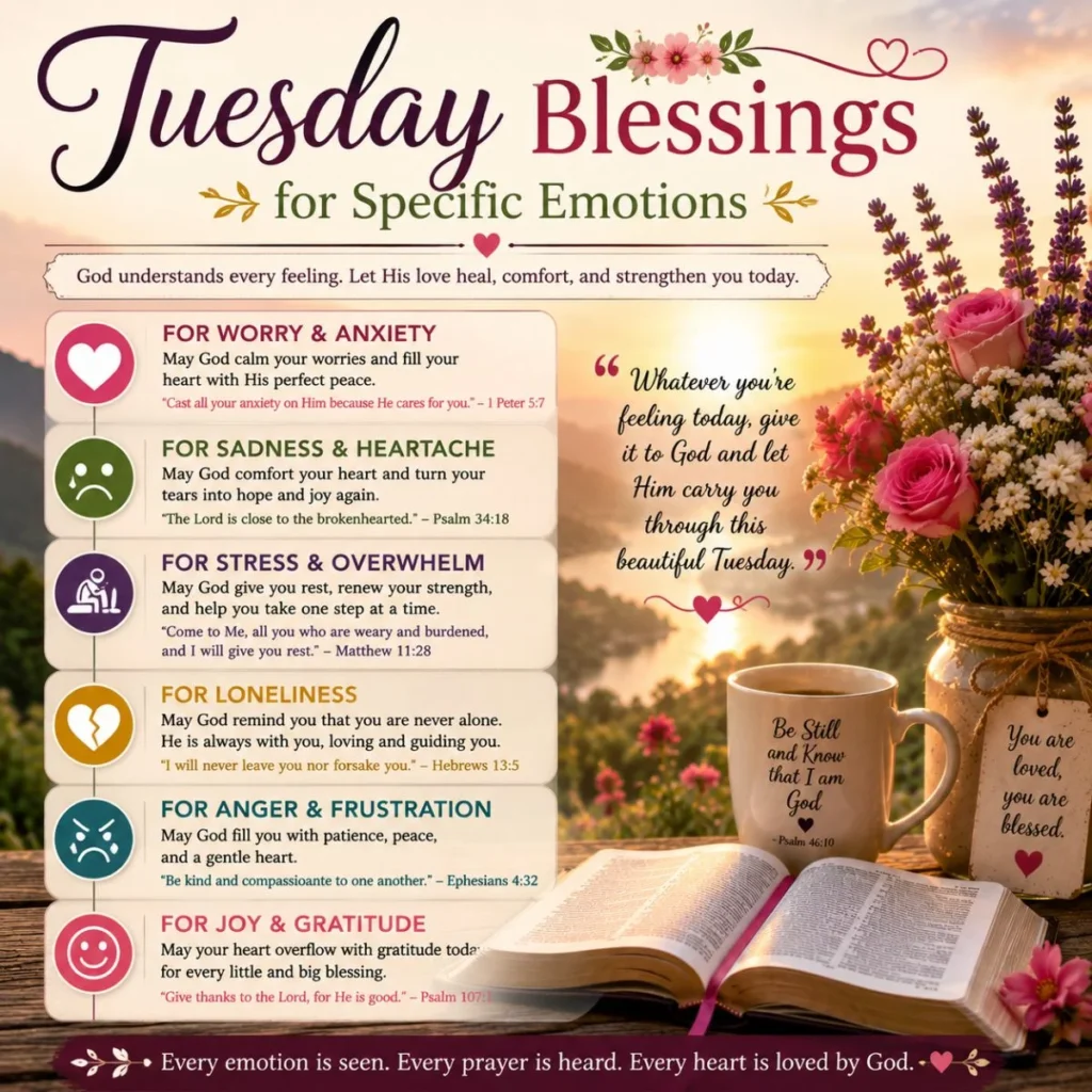 Tuesday blessings for specific emotions image with sunrise, Bible, flowers, and faith-based messages for peace and healing