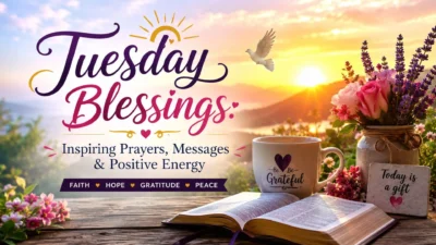 Tuesday blessings sunrise image with inspiring prayers, positive energy, flowers, Bible, and peaceful morning scenery