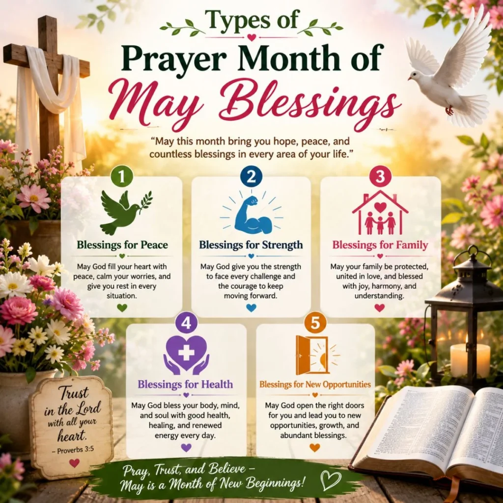 Types of Prayer Month of May Blessings infographic with peace, strength, family, health, and new opportunities