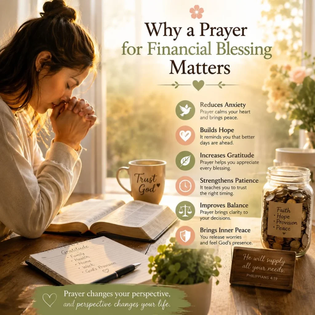 Person praying for financial blessing with Bible, gratitude journal, and symbols of peace and hope