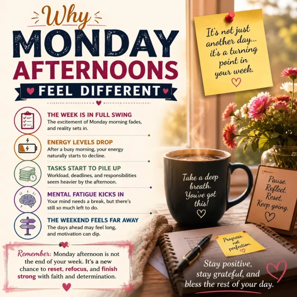 Why Monday afternoons feel different image with coffee, flowers, notes, and uplifting Monday motivation