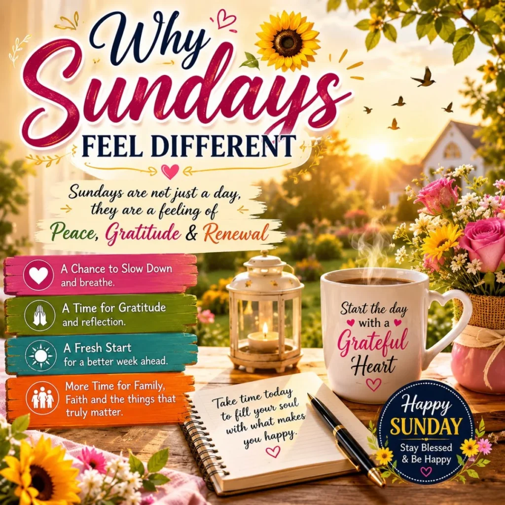 Why Sundays Feel Different image with sunrise, flowers, coffee, and peaceful Sunday gratitude messages