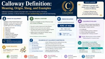 Calloway definition infographic covering its meaning, origin, slang, pronunciation, and examples