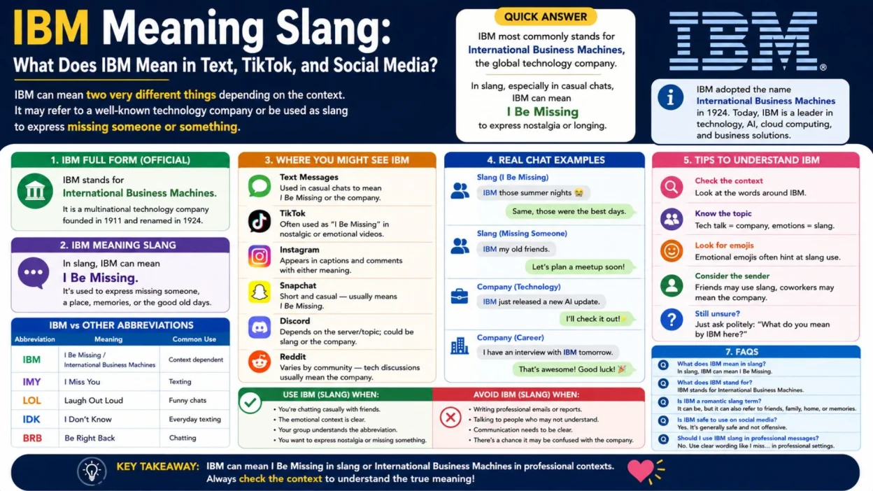 IBM meaning slang infographic explaining I Be Missing, IBM full form, text, TikTok, and social media uses